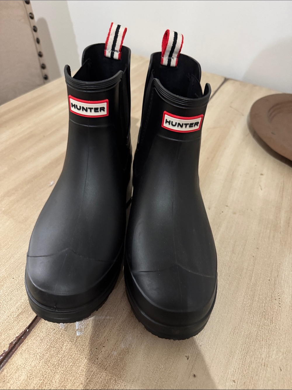 Hunter Black Chelsea Rain Boots with Red Trim